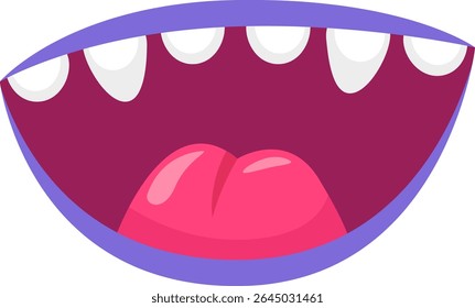 Cartoon open mouth showing tongue and teeth, ideal for concepts related to communication, speaking, tasting, or expressing emotions like happiness or excitement