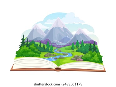 Cartoon open nature book with mountains, forest and river landscape. Vector story scene, capturing serene beauty of rocks and lush woods, transporting readers to the heart of natural tranquility