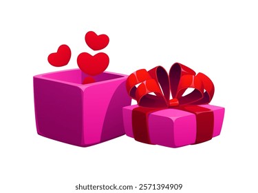 Cartoon open pink gift box with a red bow and floating hearts, symbolizing love, holiday celebration, and special occasions like Valentines Day, birthday or anniversary. Vector symbol of romance