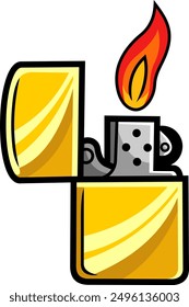 Cartoon Open Pocket Lighter With Flame. Vector Hand Drawn Illustration Isolated On Transparent Background