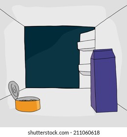 Cartoon open refrigerator with canned food and milk carton