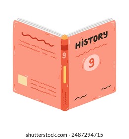 Caricatura abierta libro de texto escolar sobre historia para nueve grados. Lindos niños libro académico, literatura, enciclopedia. Suministros escolares para estudiar, leer, aprender. Ilustración vectorial aislada dibujada a mano