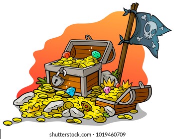 Cartoon open treasure chest with diamonds, gold coins and black pirate flag isolated on orange background. Vector icon.