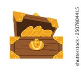 Cartoon open treasure chest vector illustration, isolated on white background, pirate treasures clip art, wooden treasure chest full of gold coins