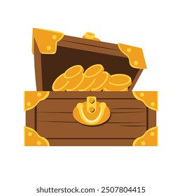 Cartoon open treasure chest vector illustration, isolated on white background, pirate treasures clip art, wooden treasure chest full of gold coins