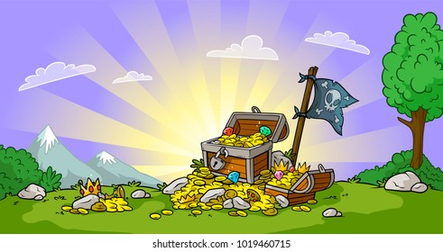 Cartoon open treasure chests with diamonds, gold coins and black pirate flag, sunrise. Vector landscape background.