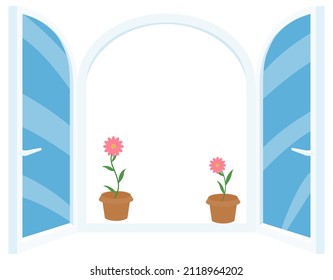 Cartoon open window with pink pot flower. Vector illustration isolated on white background.