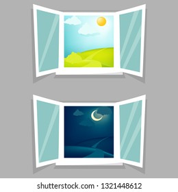 Cartoon Open Window View. Day And Night Sky. Hill, Clouds, Sun, Moon, Windowsill, Windowpane, Summer Scene. Eps 10 Vector Illustration.