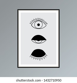 Cartoon open, winking and closed eyes poster in shades of gray for interior decor. Gallery wall art with Scandinavian design.