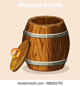 cartoon open wooden barrel , game elements in vector