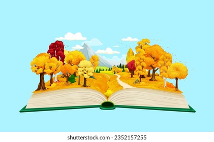 Cartoon opened book with autumn forest and mountains nature landscape. Vector magic book with fairytale fall season forest trees and plants, yellow fields, pathway and birds in blue sky