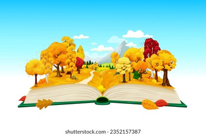 Cartoon opened book with autumn forest and mountains, vector fall season, reading, literature education. Magic or fairytale storybook with autumn forest nature landscape, trees and fields with pathway