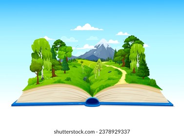 Cartoon opened book with green forest, meadow and mountains, vector nature landscape. Mountain rock and road path in summer forest valley on book pages for fairy tale story or game background