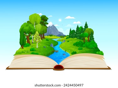 Cartoon eröffnet Buch mit See, Fluss oder Teich, grüne Wiese und Wald, Vektor-Natur-Landschaft. Berggestein und Fluss im Sommerwaldtal auf Buchseiten für Märchen Geschichte oder Spiel Hintergrund