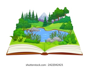 Caricatura abierta libro con estanque o lago, montañas y paisaje forestal. Libro vectorial abierto de cuentos sobre la naturaleza, capturando la belleza de las rocas y los bosques exuberantes, transportando a los lectores a un tranquilo viaje natural