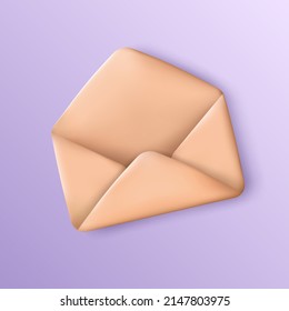 Cartoon opened envelope isolated on soft purple background. Top view of 3d rendering empty letter. Vector illustration EPS 10