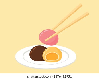 Cartoon Opened Mochi Daifuku in Plate with Chopsticks Japanese Food Dessert in Strawberry, Orange, Mango, Chocolate Flavors Matcha Icon Doodle Vector Illustration Isolated on White Background