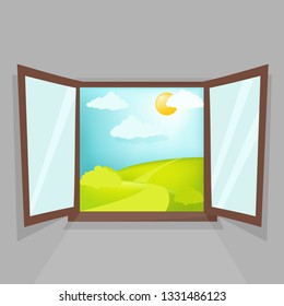 Cartoon opened window view. Sunny day scene. Hill, clouds, sun, windowsill, brown windowpane. Eps 10 vector illustration.