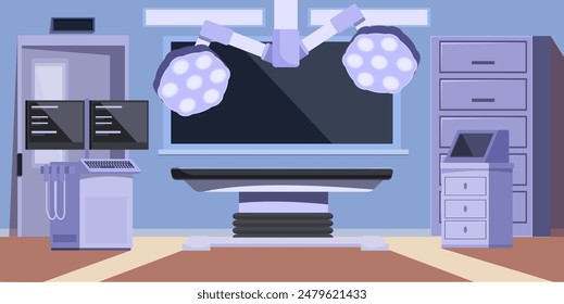 cartoon operating room with bed and equipment, vector illustration