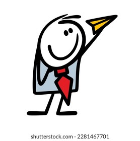 Cartoon optimistic businessman launches his new business project into the sky with a paper airplane. Vector illustration of a stickman in an office suit and a red tie.