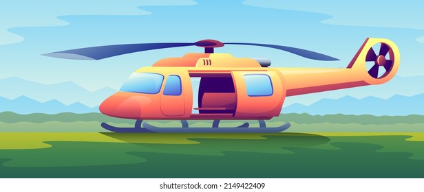 Cartoon orange air transport in horizontal illustration. The helicopter stands on dirt strip on green grass background.
