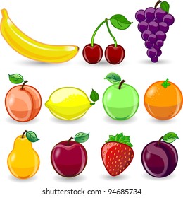 Cartoon orange, banana, apples, strawberry, pear, cherry, peach, plum, lemon, grape