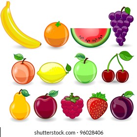 Cartoon orange, banana, apples, strawberry, pear, cherry, peach, plum, lemon, grapes, watermelon, raspberry