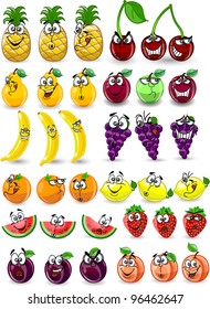 Cartoon orange, banana, apples, strawberry, pear, cherry, peach, plum, lemon, grapes, watermelon, raspberry ,pineapple