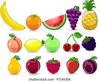 Cartoon orange, banana, apples, strawberry, pear, cherry, peach, plum, lemon, grapes, watermelon, raspberry ,pineapple