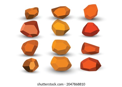 Caricatura naranja, piedras marrones. Conjunto isométrico de piedra de roca. Hombros coloridos, formas de bloques naturales, piedras en las paredes. 3d ilustración aislada plana. Colección de vectores.