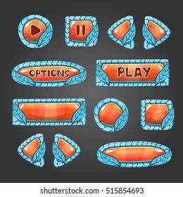 Cartoon orange buttons with blue leaves.