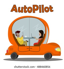 A cartoon orange car with passenger in it moving without a driver isolated on white background with simple text