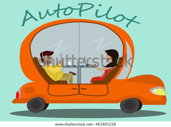 A cartoon orange\
car with passengers in it moving without a driver on light blue\
background with simple text.