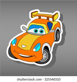 Cartoon orange car sticker for boys.Vector illustration of doodle car for scrapbook.Transportation Doodle Background. Funny smile car icon. Comic character for kids on grey background