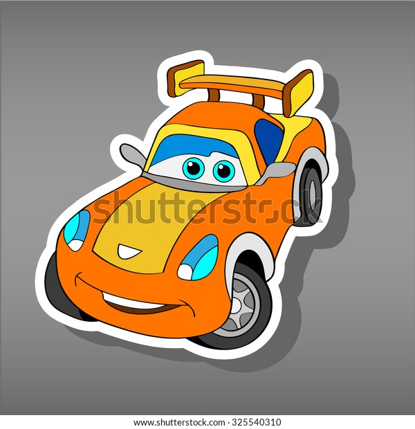 Cartoon\
orange car sticker for boys.Vector illustration of doodle car for\
scrapbook.Transportation Doodle Background. Funny smile car icon.\
Comic character for kids on grey\
background