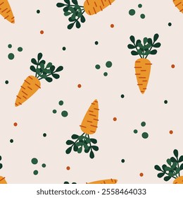 Cartoon orange carrot background seamless pattern and easter theme. Cute vegetable vector of healthy vegan food, wallpaper, card, packaging, paper gift, phone, case stationery.