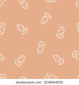 Cartoon orange carrot background seamless pattern and easter theme. Cute vegetable vector of healthy vegan food, wallpaper, card, packaging, paper gift, phone, case stationery.