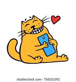 Cartoon orange cat and blue smartphone. Good news. Vector Illustration. Cute pet character.