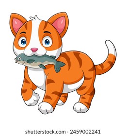 Cartoon orange cat brings a fish