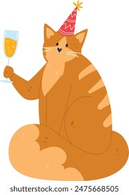 Cartoon orange cat celebrating drinking champagne wearing birthday party hat enjoying glass bubbly. Orange whiskered tabby cat toasting raising drink smile isolated white background. Feline festive