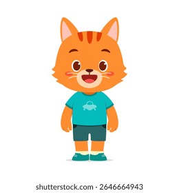 Cartoon Orange Cat Character Standing, Happy Expression, Wearing Blue Shirt and Shorts