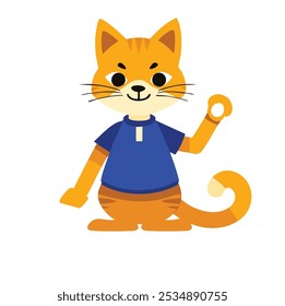 A cartoon orange cat character wearing a blue shirt and waving cheerfully.