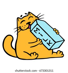 Cartoon orange cat is drinking milk. Funny cartoon cool character. Contour freehand digital drawing cute cat. White color background. Cheerful pet for web icons. Isolated vector illustration.