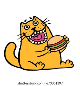 Cartoon orange cat is eating a hamburger. Funny cool character. Contour freehand digital drawing cute cat. White color background. Cheerful pet for web icons and shirt. Isolated vector illustration.