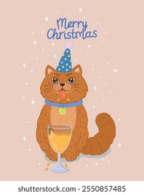 A cartoon orange cat in a festive hat celebrates the New Year, drinks champagne from a glass. A red-haired cat with a mustache drinks champagne from a glass. A postcard for the New Year and Christmas