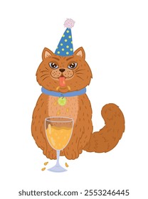 A cartoon orange cat in a festive hat celebrates the New Year, drinks champagne from a glass. A red-haired cat with a mustache drinks champagne from a glass. A postcard for the New Year and Christmas