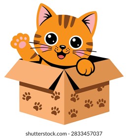 Cartoon orange cat inside a box with waving hand and cute pussy cat pawns. Vector illustration ideal for pets, children, playful characters and animal themed artwork.