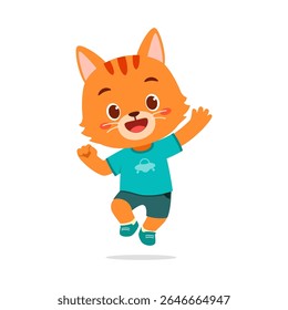 Cartoon orange cat jumping with cheerful expression, wearing blue shirt and dark gray short pants