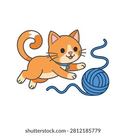 Cartoon orange cat playing with blue yarn