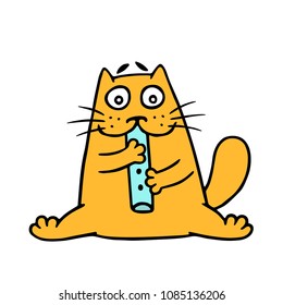 Cartoon orange cat plays a melody on the flute. Funny cartoon animal character. Vector illustration.